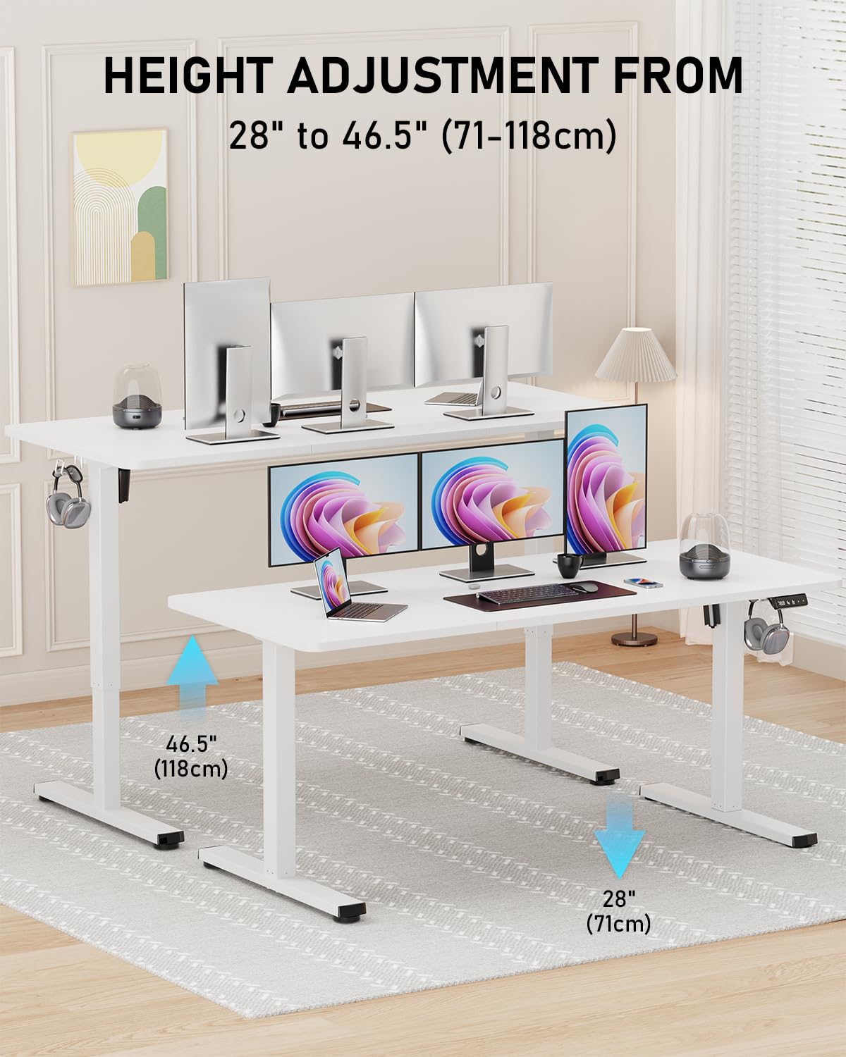 Xyndyx 55" Electric Standing Desk Adjustable Height, Sit Stand up Desk for Home Office & Computer Workstation, 2 Memory Height Settings, Splice Board, 2 Hooks, White Frame/White Top