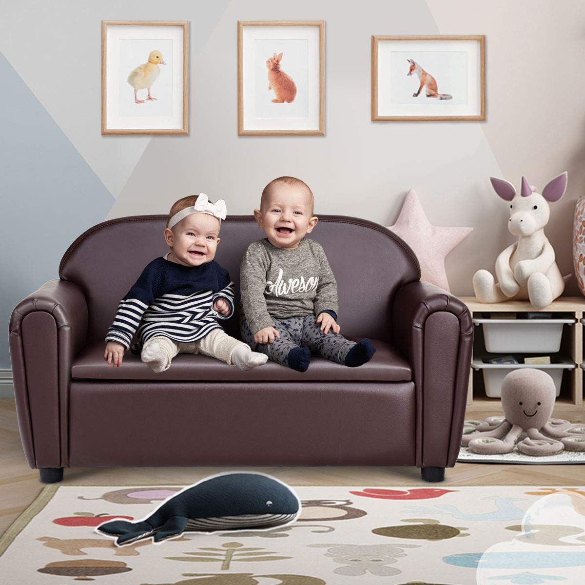 Costzon Kids Couch, 2 in 1 Double Seat Children's Sofa w/Under Seat Storage, PU Leather Surface, Toddler Armrest Chair, Kids Room, Soft Sofa with Storage for Preschool Baby Boys Girls Gifts