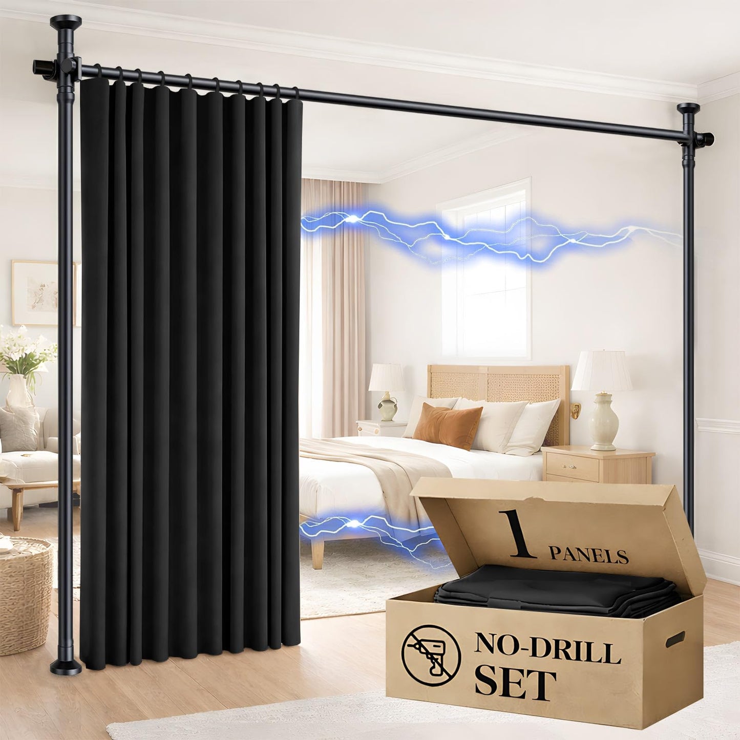 GONNRLY Room Divider Curtain Set-No Drilling Curtain Rod Set, Room Divider Wall for Partition Room Dividers, Bedroom Divider Black-100 W x 84" L(Pack of 1)