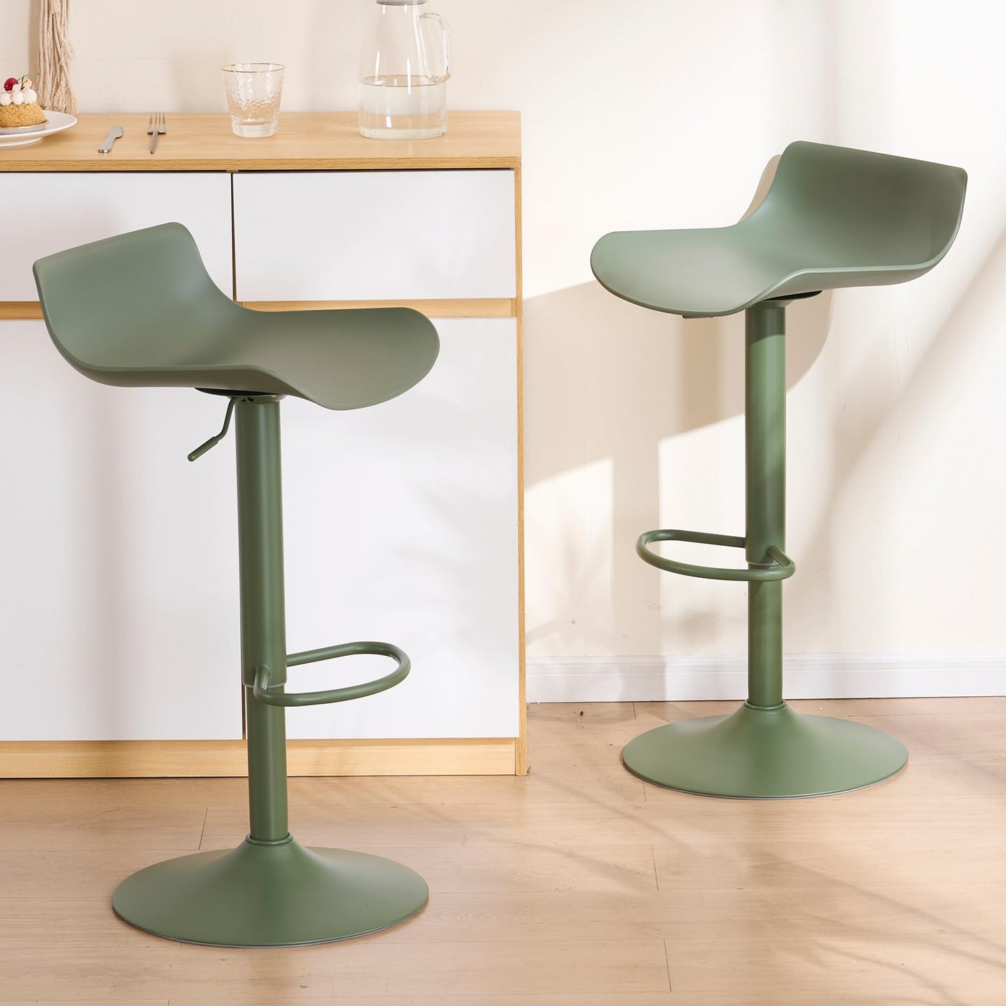 YOUNIKE Adjustable Height Bar Stools Set of 2 Plastic Swivel Barstool with Low Back Modern Kitchen Counter Island Bar Chairs for Breakfast Nook Cafe Bars Olive Green
