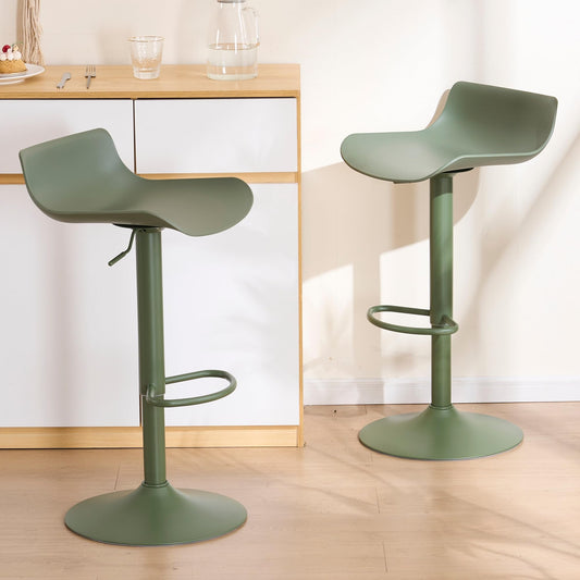 YOUNIKE Adjustable Height Bar Stools Set of 2 Plastic Swivel Barstool with Low Back Modern Kitchen Counter Island Bar Chairs for Breakfast Nook Cafe Bars Olive Green