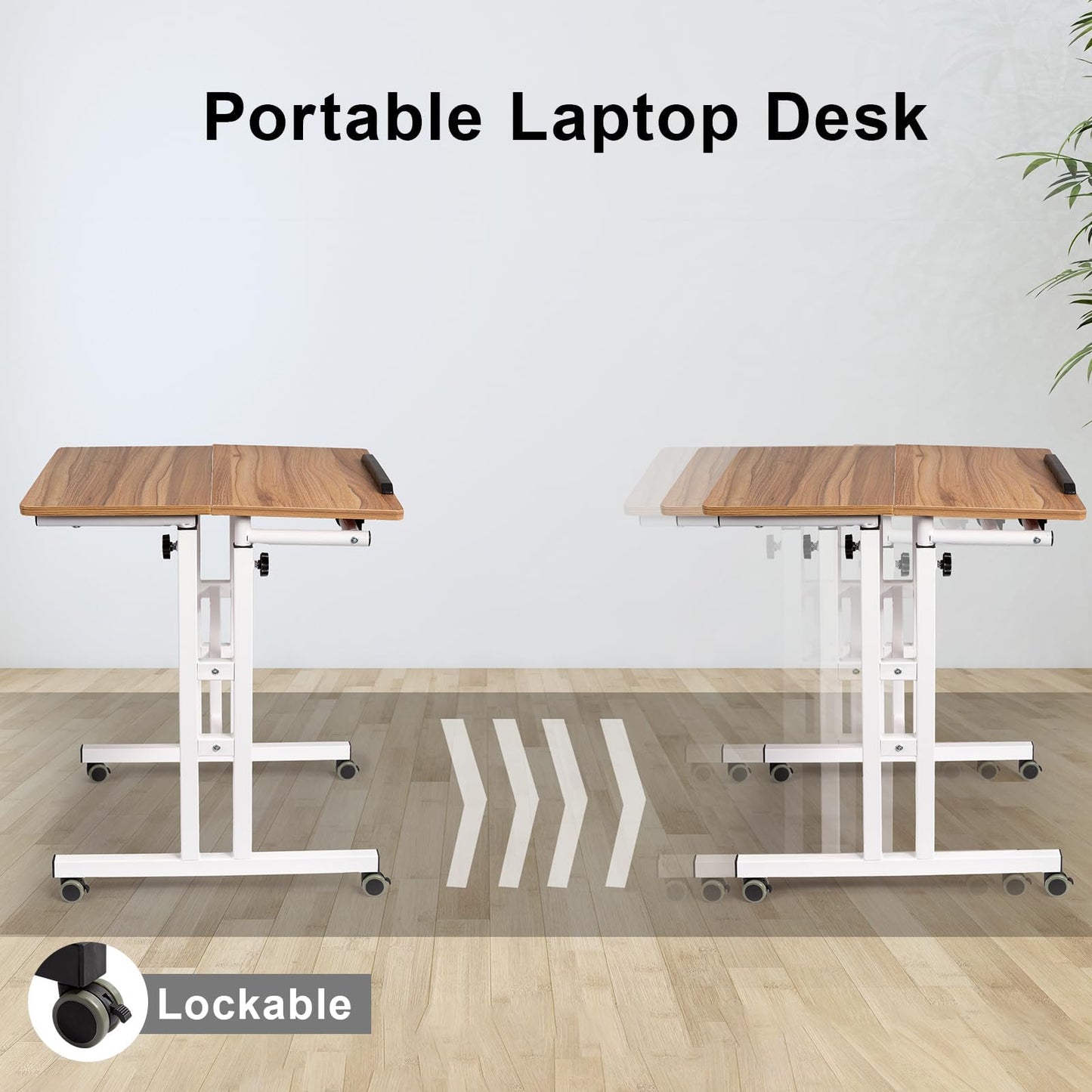 Hadulcet Mobile Standing Desk with Charging Station, Adjustable Standing Computer Desk, Standing Adjustable Laptop Cart with Wheels for Home Office Classroom Vintage Oak