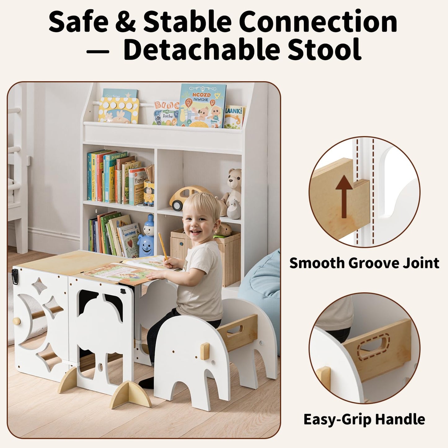 COSYLAND 4-in-1 Toddler Kitchen Stool Helper with Safety Rail, Foldable Toddler Standing Tower with Double Blackboard, Kids Learning Desk and Chair Set, White and Natural