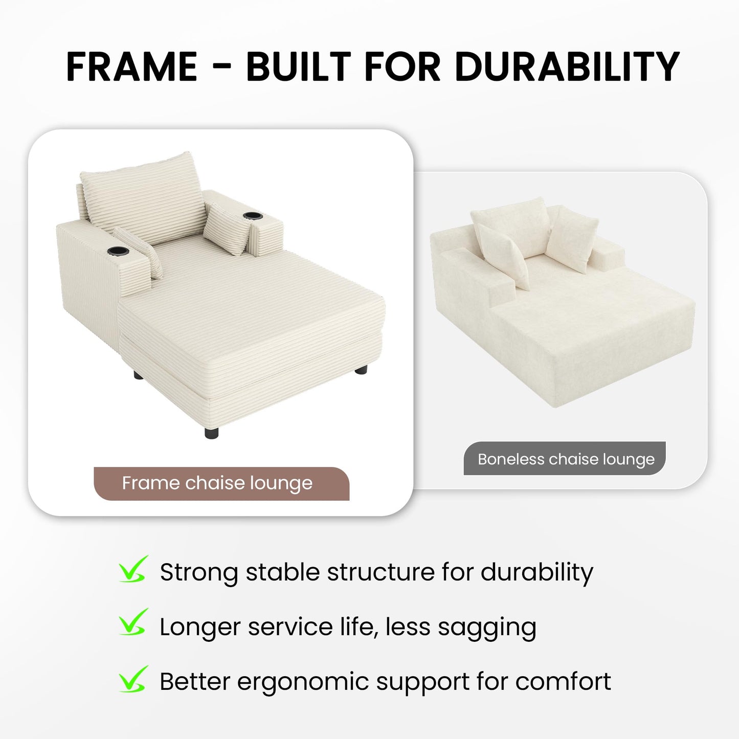 GRUSIGN 64" Chaise Lounge Chair Indoor, Oversized Sleeper Chair with Wood Frame, Corduroy Bedroom Couch, Reading Chair for Living Room, Deep Seat Sofa Bed with 2 Cup Holders