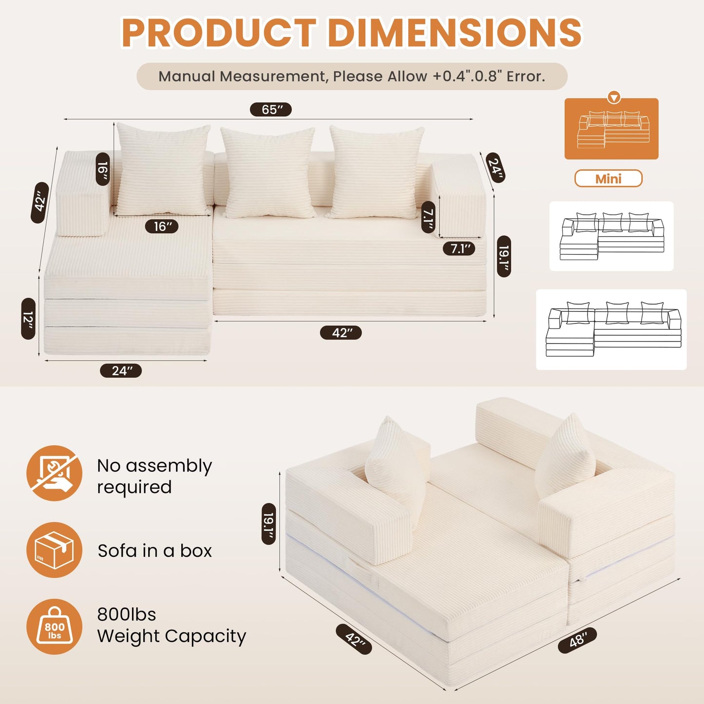 65" Boneless Couch,Convertible Sleeper Sofa Bed, Modular Sectional Sofa, Modern Tri-Folding Cloud Couch with L-Shape Chaise, Corduroy Futon Couches for Small Spaces Apartment,No Assembly