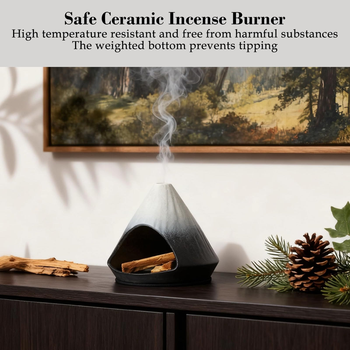 Fluvie Incense Burner Holder for Palo Santo Sticks,Sage,Cone,Mountain-Inspired Handcrafted Ceramic Ash Catcher Smudge Bowl for Yoga Meditation Energy Cleansing Room Décor,Black