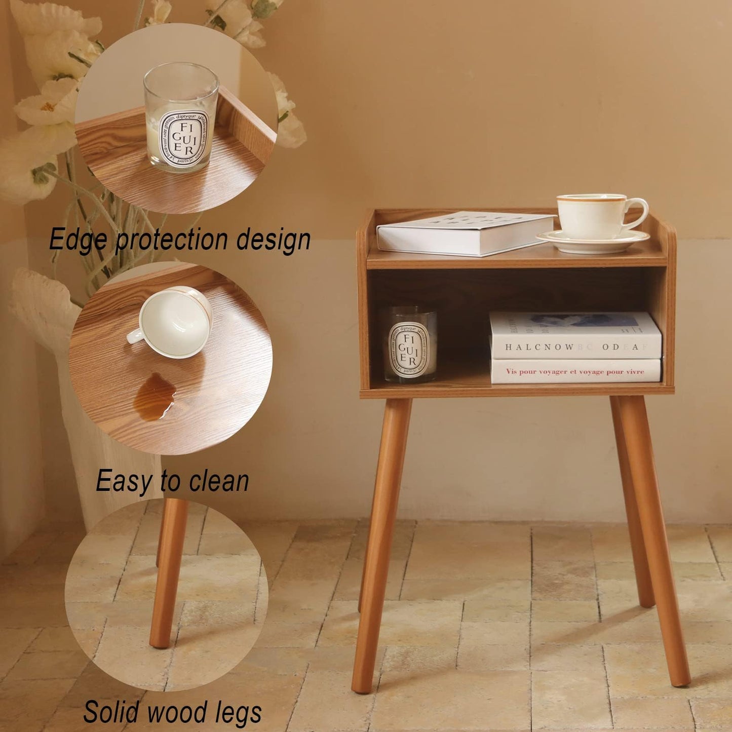 MaxSmeo Nightstands Set of 2, Mid Century Modern Side Table Bedroom with Storage, Small End Bedside Table Set of 2 with Solid Wood Legs for Living Room, Office Small Spaces (Brown)