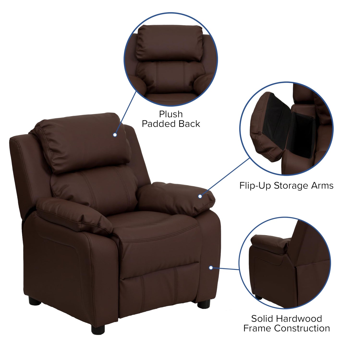 Flash Furniture Charlie LeatherSoft Kids Recliner with Flip-Up Storage Arms and Safety Recline, Contemporary Reclining Chair for Kids, Supports up to 90 lbs., Brown