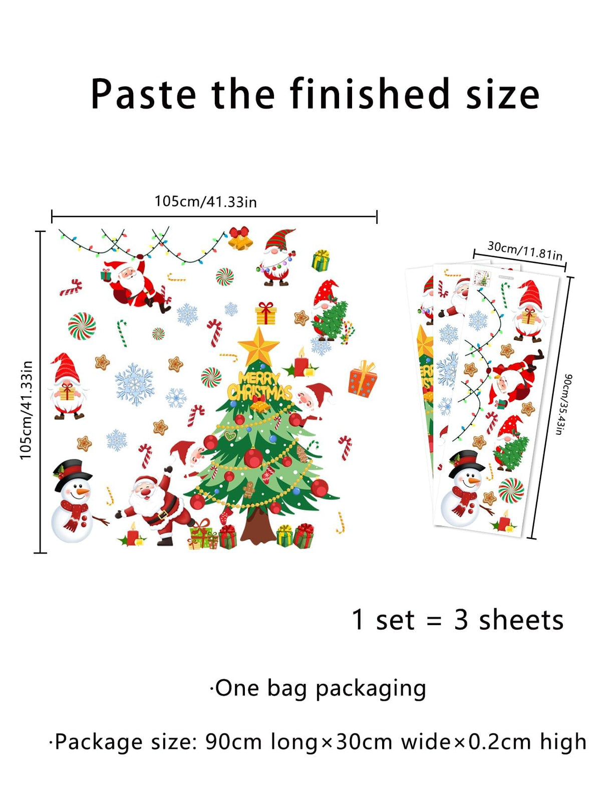 41.33 x 41.33 Inch Christmas Tree Wall Decal Christmas Santa Claus Snowmen Wall Stickers Removable Xmas Wall Decor for Christmas Holiday Party Supplies Home Window Decor