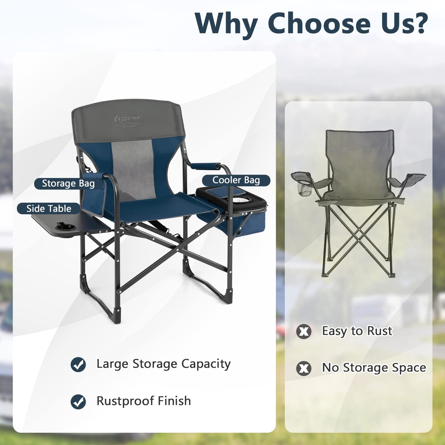 COSTWAY 2-Pack Folding Camping Chair, Heavy-Duty Director Chair Supports 400lbs for Adults with Side Table, Cooler Bag, Storage, Strap, Portable Makeup Chair Set of 2 for Fishing Picnic, Blue