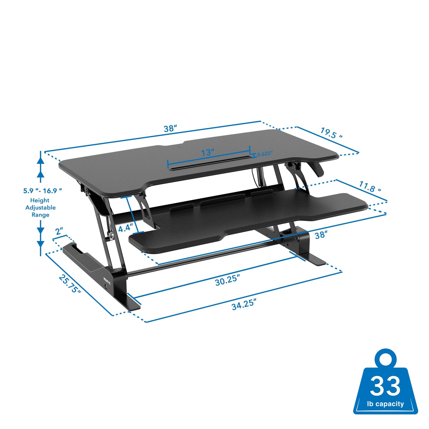 Mount-It! 38 Inch Standing Desk Converter - Gas Spring Sit Stand Desk Riser for Dual Monitors - Height Adjustable Desktop Workstation with Keyboard Tray - Black