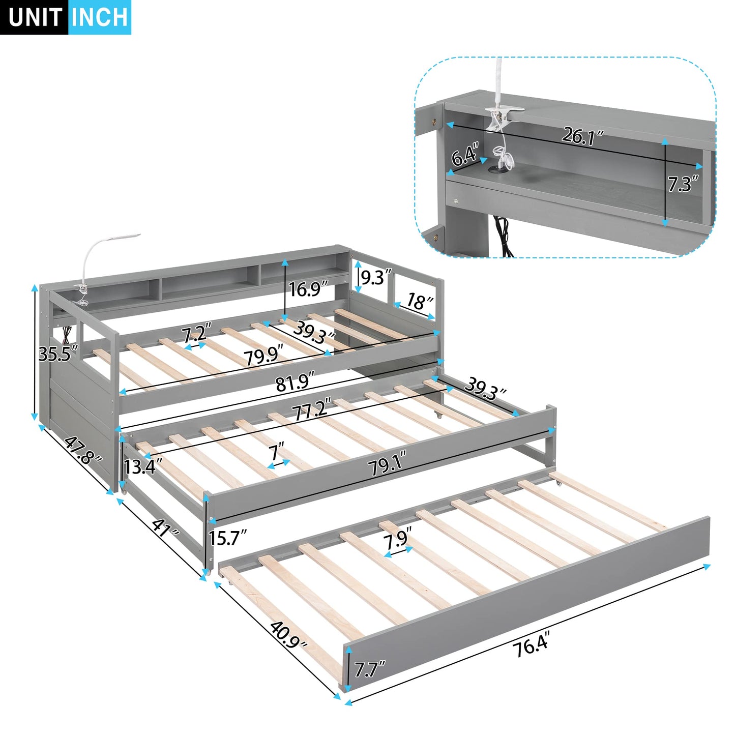 Harper & Bright Designs Twin XL Wood Daybed with 2 Twin Size Trundles, 3 Storage Cubbies, 1 Light for Free and USB Charging Design, No Box Spring Needed - Gray