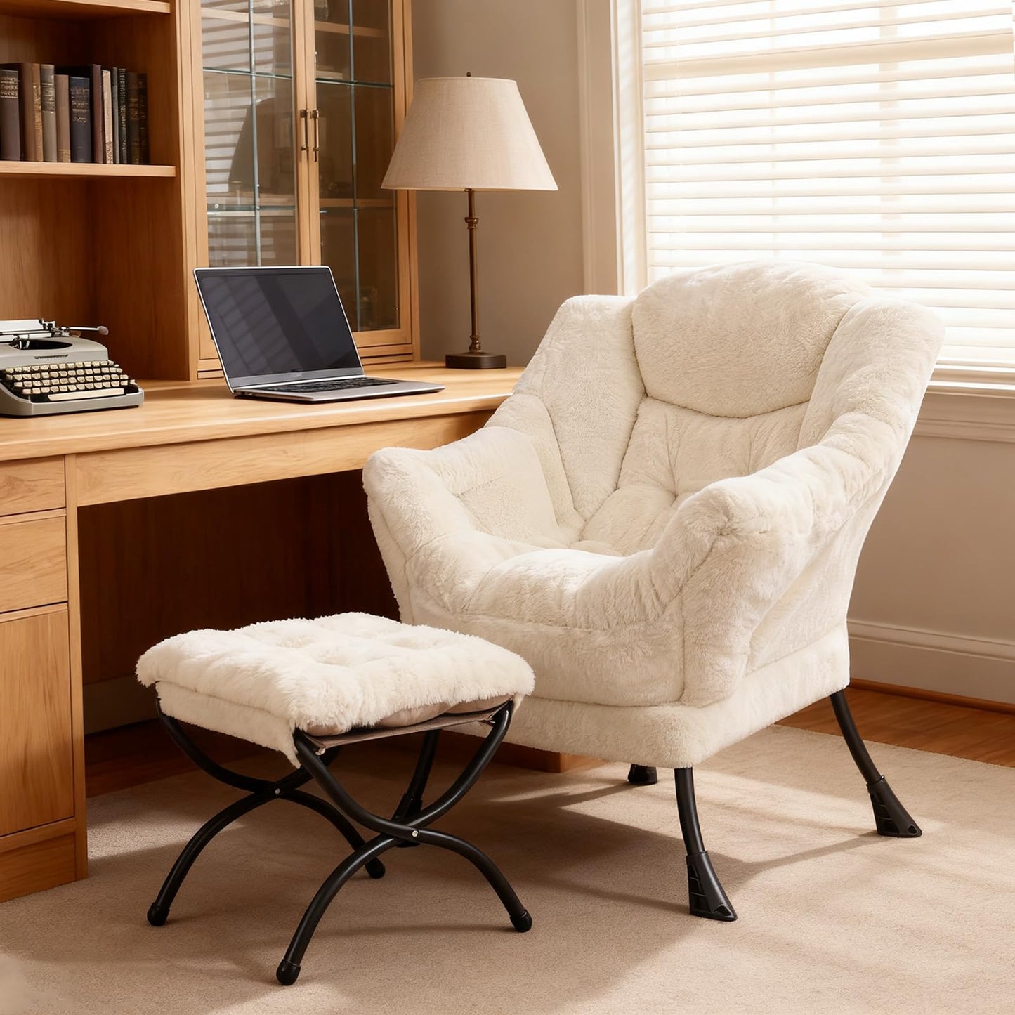 SESHINELL Lazy Chair with Ottoman, Modern Accent Chair Sofa Chair with Armrests, Reading Chair and Folding Footstool for Living Room, Bedroom, Office, Plush Beige