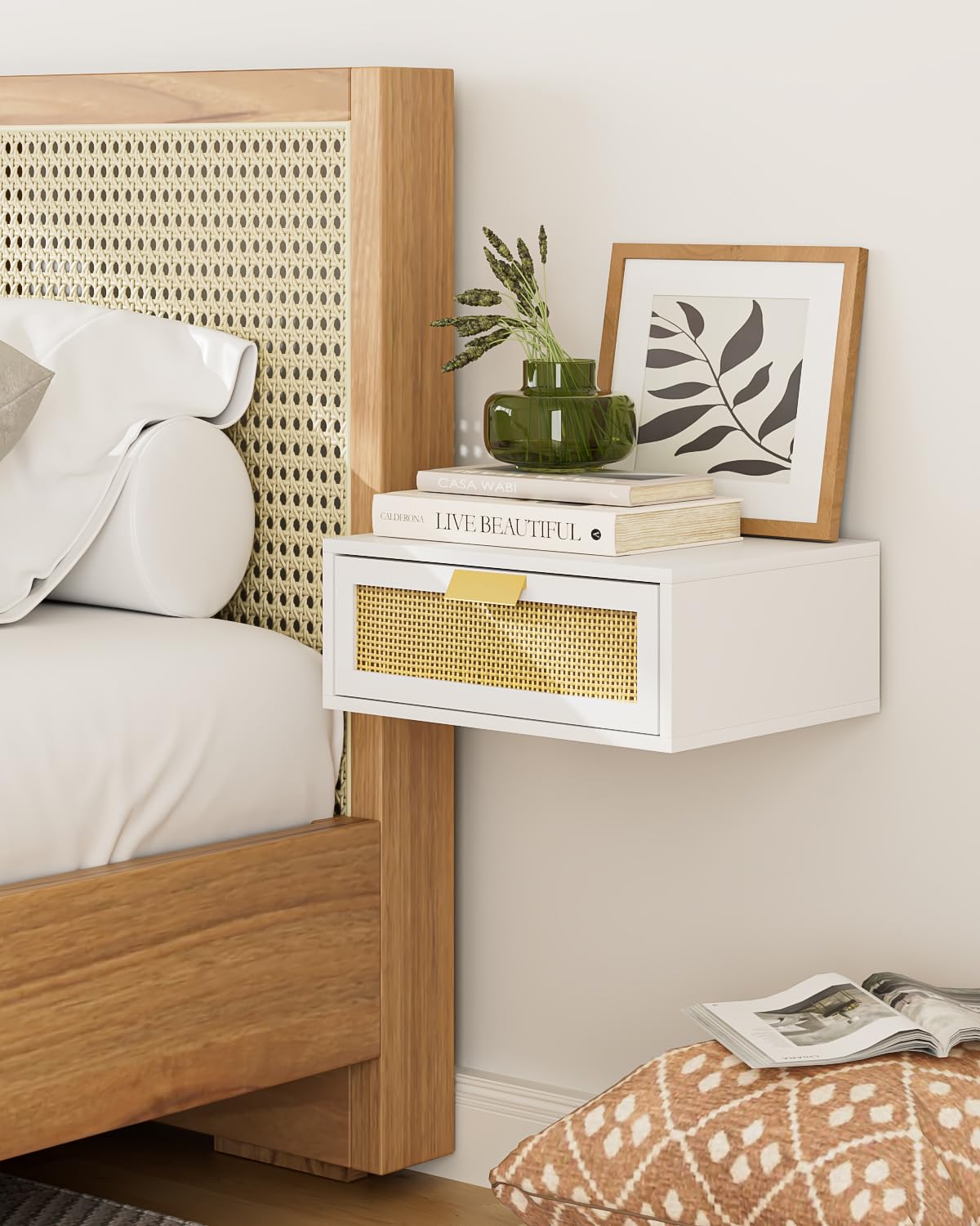 Aienvey Floating Nightstand, Floating Shelf with Drawer, Wall Mounted Nightstand, Floating Bedside Table (White Rattan)