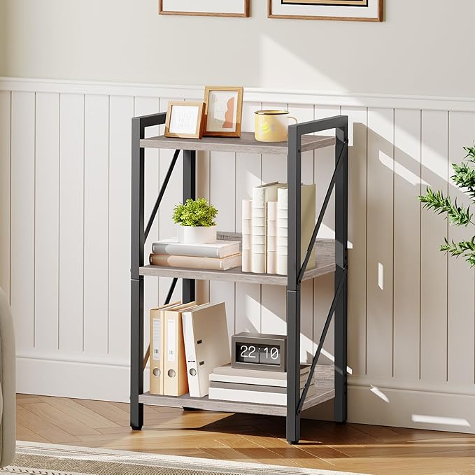HOOBRO Bookshelf, 3-Tier Industrial Bookcase, Book Shelf Storage Organizer