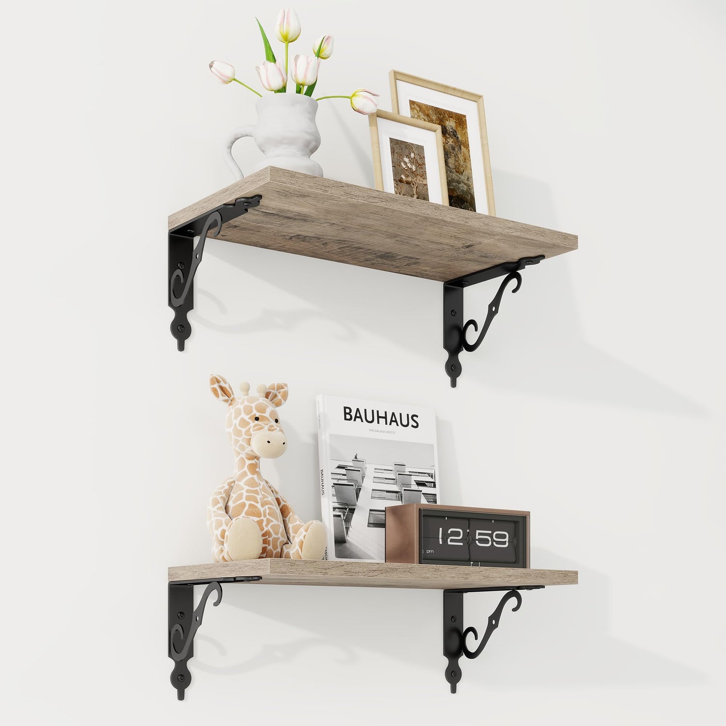 RICHFOCUS Floating Shelves for Wall Decor, 8 Inch Deep Shelves Set of 2, 16W x 8D Floating Shelves Wall Mounted with Metal Brackets, Rustic Wood Shelves for Living Room Bedroom Kitchen, Grey