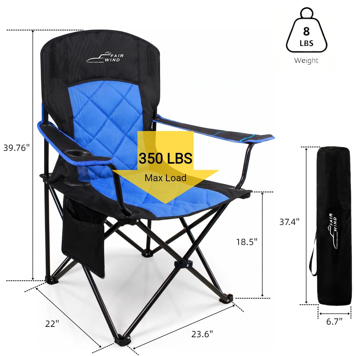 FAIR WIND Camping Chair 2 Pack 400 LBS Capacity Fully Padded Portable Chair with Side Pocket & Cup Holder, Heavy Duty Lawn Chair for Outside, Tailgating,Beach, Sports