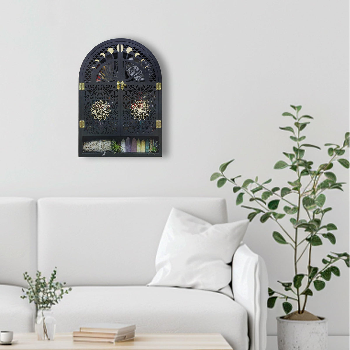 FNYDOX Large Crystal Display Shelf for Wall, Crescent Moon Phase Shelf Wall Decor, Wooden Arch Shelf, Tree of Life Crystal Holder Organizer, Cabinet for Gem Stone Rock, Spiritual Home Room Decor