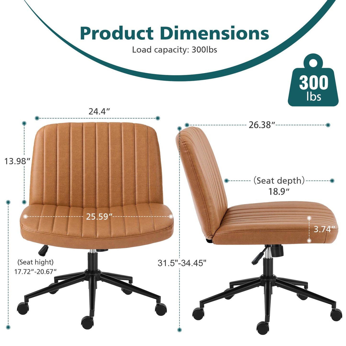 OLIXIS Criss Cross Chair with Wheels Wide Cross Legged Office Desk Vanity Chair Comfy Fabric Armless Adjustable Swivel for Home Computer Task PU Brown