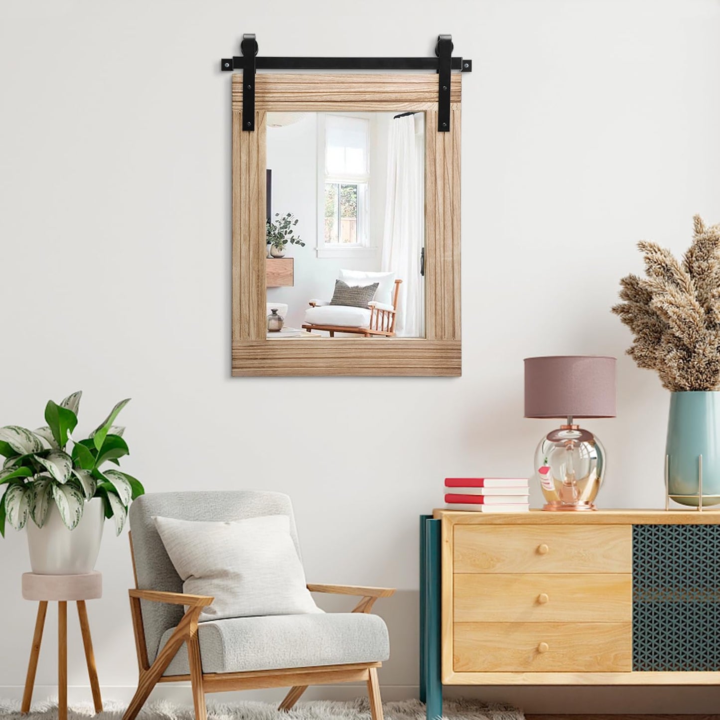 AAZZKANG Rustic Mirrors for Wall Large 26"x18" Rectangle Wood Frame Mirror with Metal Bracket Farmhouse Bedroom Living Room Decorative Wall-Mounted Mirror
