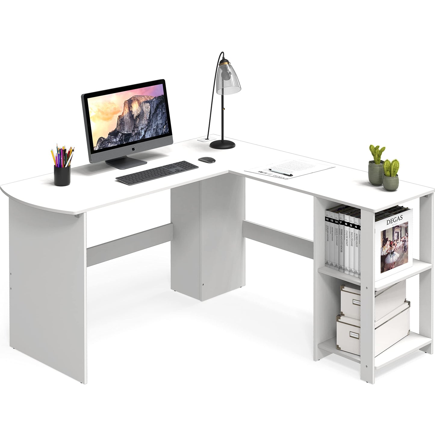 SHW 51 x 51 Inches L-Shaped Home Office Wood Corner Desk wtih Storage, White