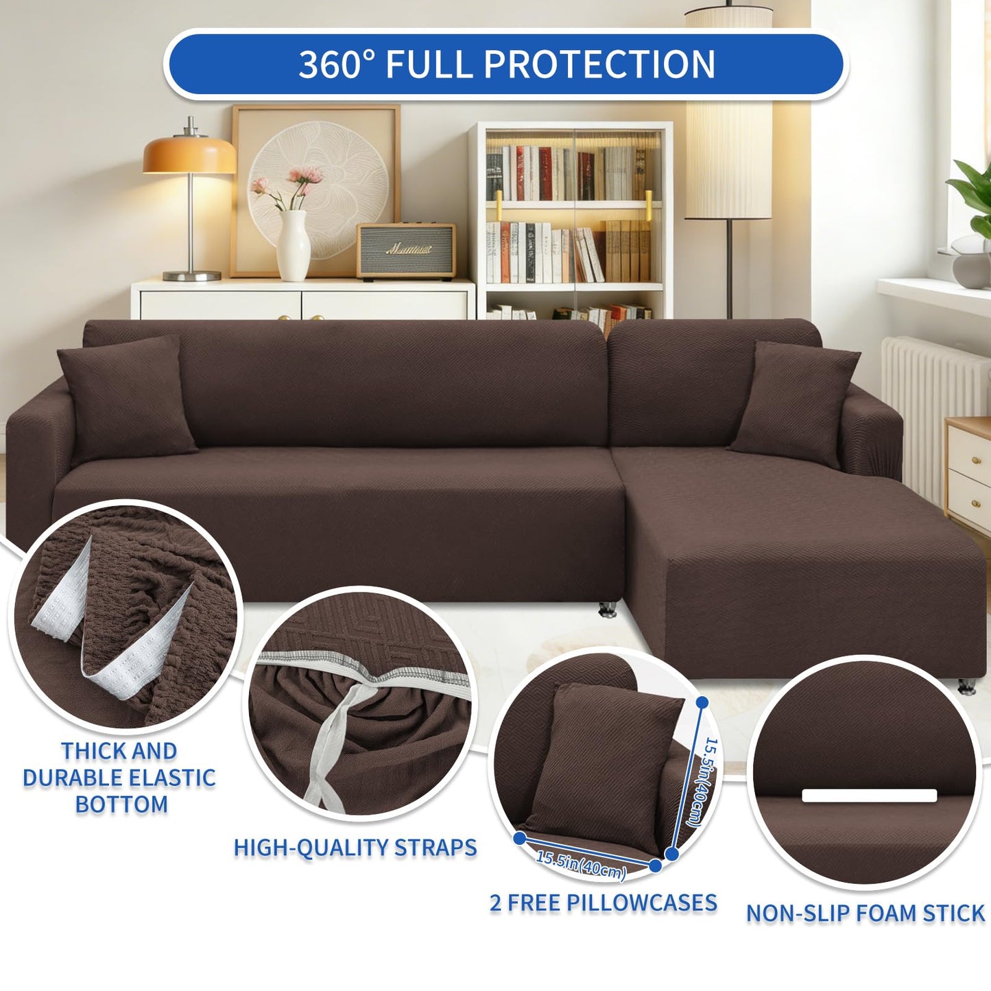 XINEAGE Sectional Couch Cover High Stretch L Shaped Sofa Cover 2 Pieces Non Slip Slipcover with Chaise Furniture Protector with 2 Pillowcases for Pets & Dogs (3 Seat Sofa + 2 Seat Chaise, Coffee)