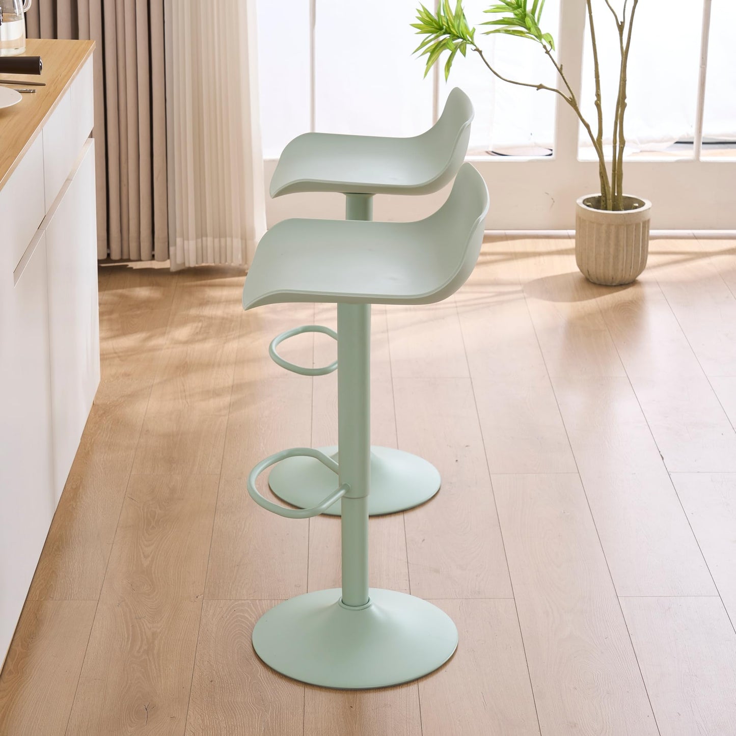 YOUNIKE Adjustable Height Bar Stools Set of 2 Plastic Swivel Barstool with Low Back Modern Kitchen Counter Island Bar Chairs for Breakfast Nook Cafe Bars Office Mint Green