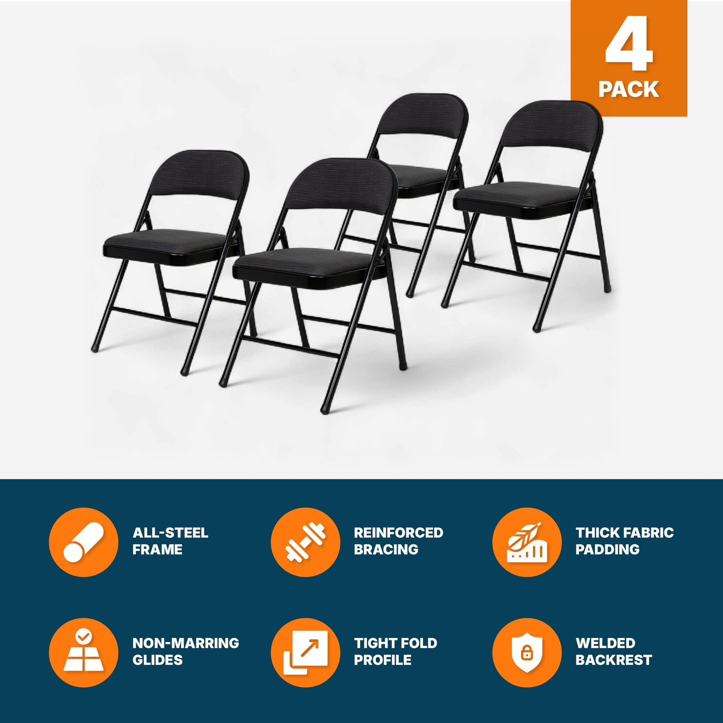 OEF Furnishings OEF970 Series Premium Fabric Padded All Steel Folding Chairs, Comfort Cushioned Seat & Back for Meeting Office Training Rooms (4 Pack, Cosmic Black)