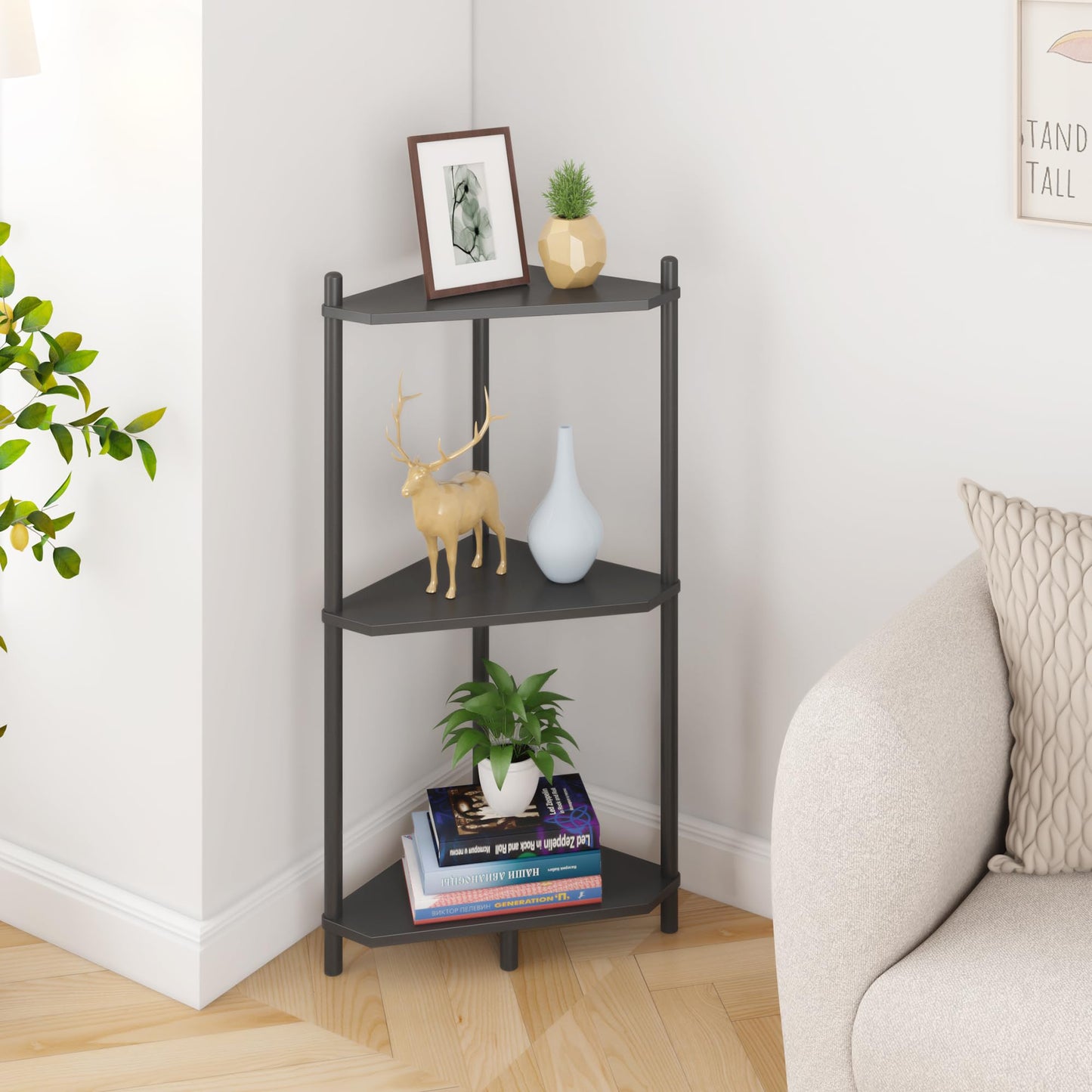 Wisuce Corner Shelf Stand - 3 Tier Bamboo Small Corner Bookshelf for Office Kitchen Bedroom Plant Stand Living Room Decor Small Space (Black)