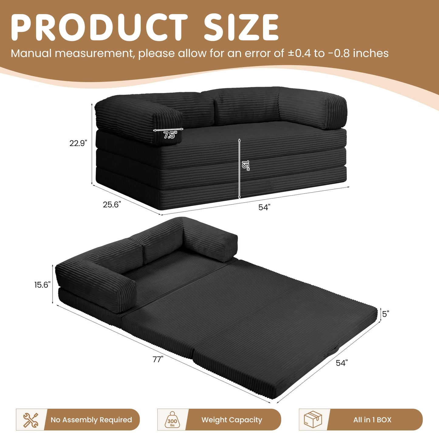 NLDD Convertible Sofa Bed Full,5-in-1 Tri-Fold Boneless Couch with Removable Armrests & Handle,Corduroy Futon Sleeper Sofa,Floor Folding Mattress Pull Out Bed for Small Space Apartment Bedroom Black