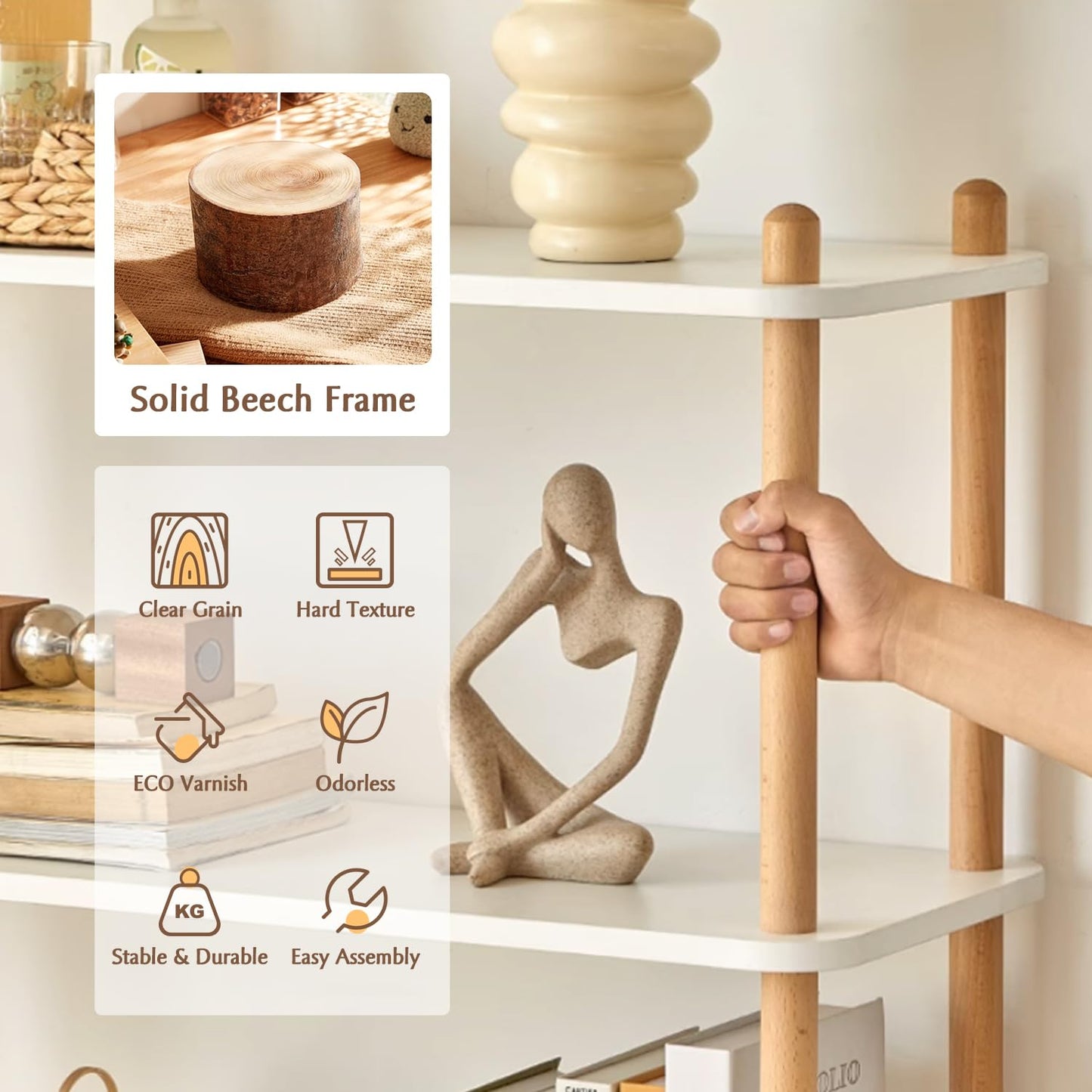 IOTXY 5-Tier Wooden Shelf Bookcase - Modern Open Bookshelf, Free Standing Storage Rack, Multifunctional Display Stand for Home and Office, Oak, Rectangle