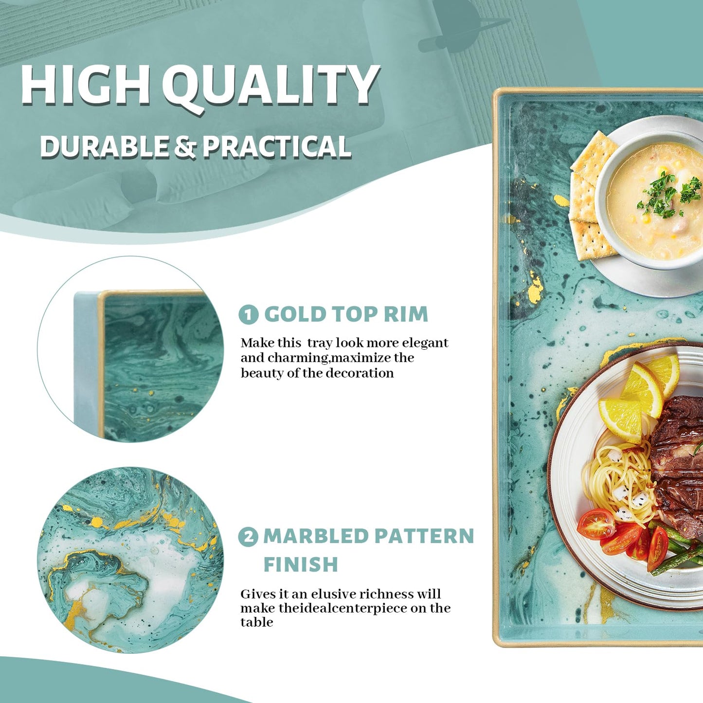 MAONAME Turquoise Square Decorative Tray for Coffee Table, Marbling Serving Tray with Handles, Modern 13" Plastic Trays for Ottoman, Bathroom, Storage