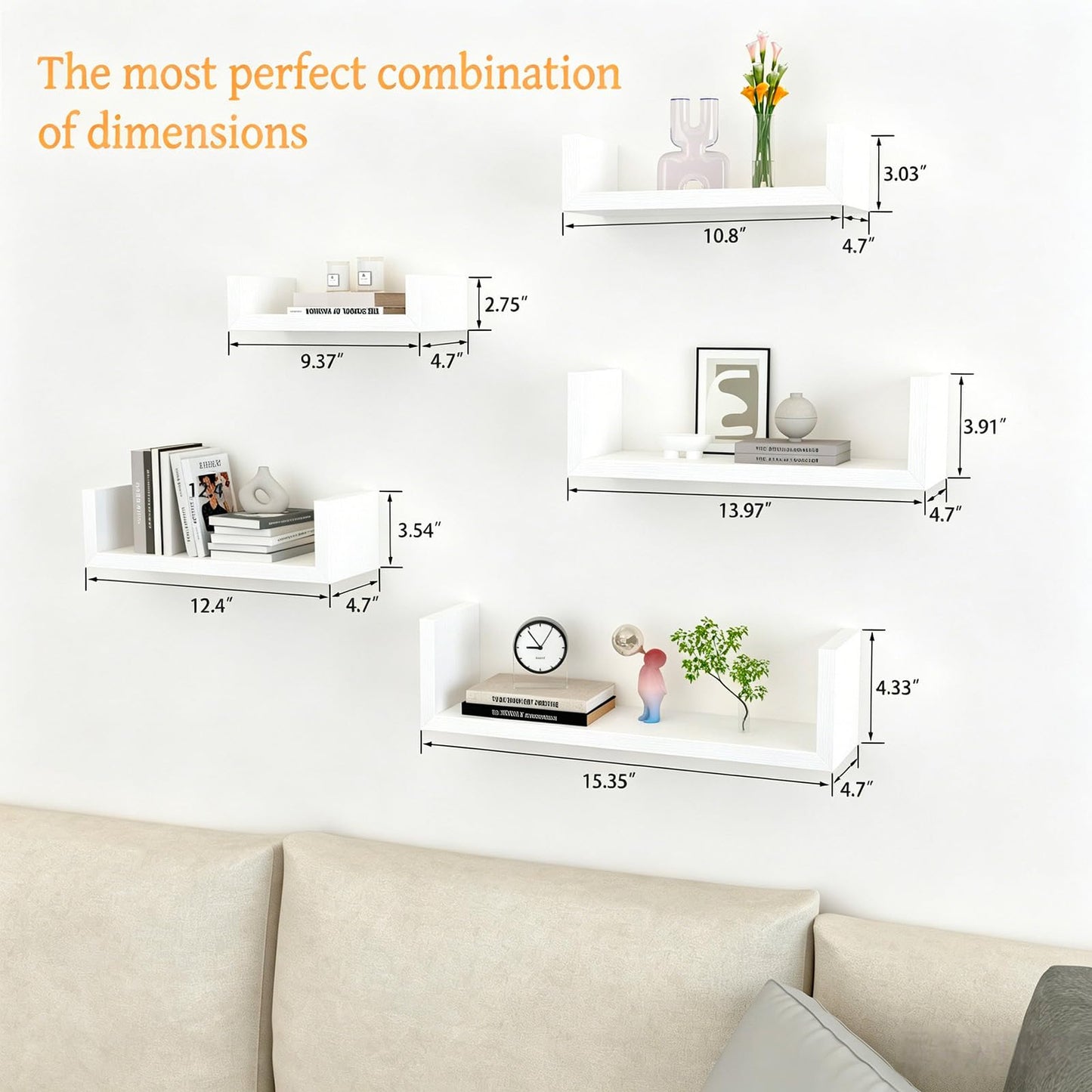 Floating Shelves for Wall,Repisas Flotantes de Pared,Small Relief Textures, Suitable for Bedroom, Living Rooms, Kitchens, Office, and Bathroom,Wall Shelves,White Shelves Brackets Set of 5 -White