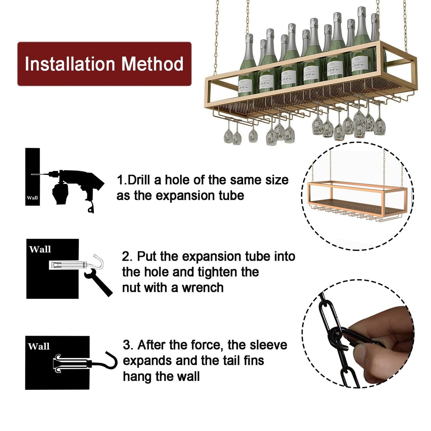 Vintage Metal Hanging Wine Glass Rack with Floating Wine Bottle Holder Wall Mounted Storage Shelves for Bar Restaurant Cafe Stylish Metal Stand 60x25x20cm