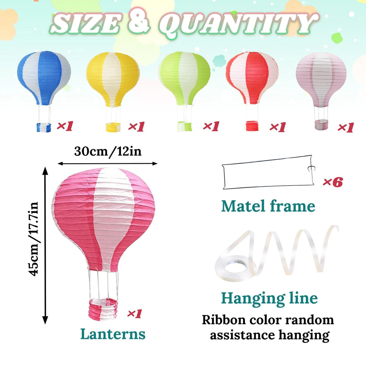 6 Pcs Hot Air Balloon Paper Lanterns, 12 Inch Hanging Ceiling Decorations – Vertical Striped Ball Lamps Reusable Party Decor for Baby Shower, Birthday, Graduation，Classroom(V Striped)
