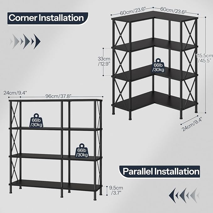 HOOBRO Corner Bookshelf, 4-Tier L-Shaped Bookcase, Industrial Open Display