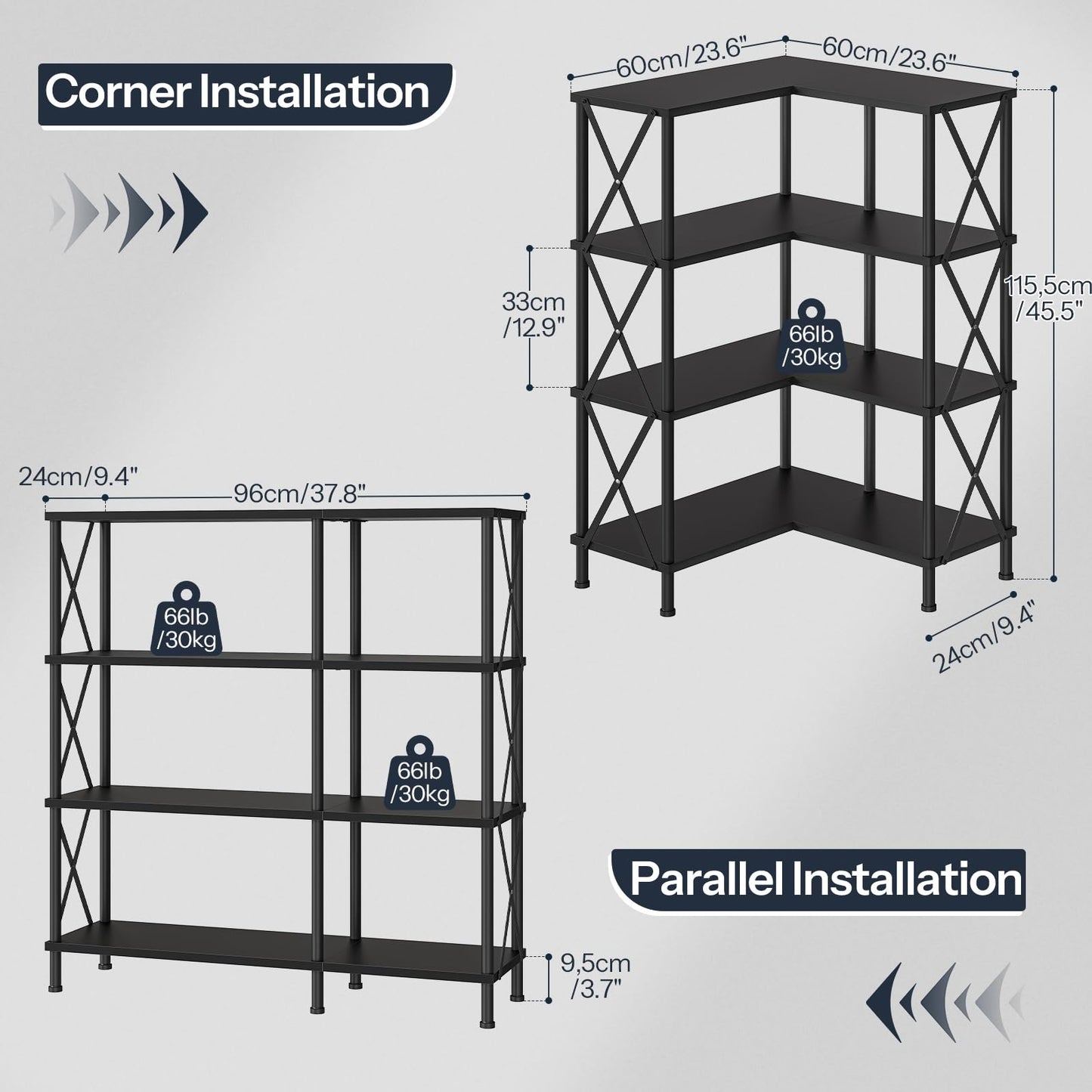 HOOBRO Corner Bookshelf, 4-Tier L-Shaped Bookcase, Industrial Open Display Shelf Tall Storage Organizer, Vertical Storage Rack, for Living Room, Home Office, Black BB59SJ01