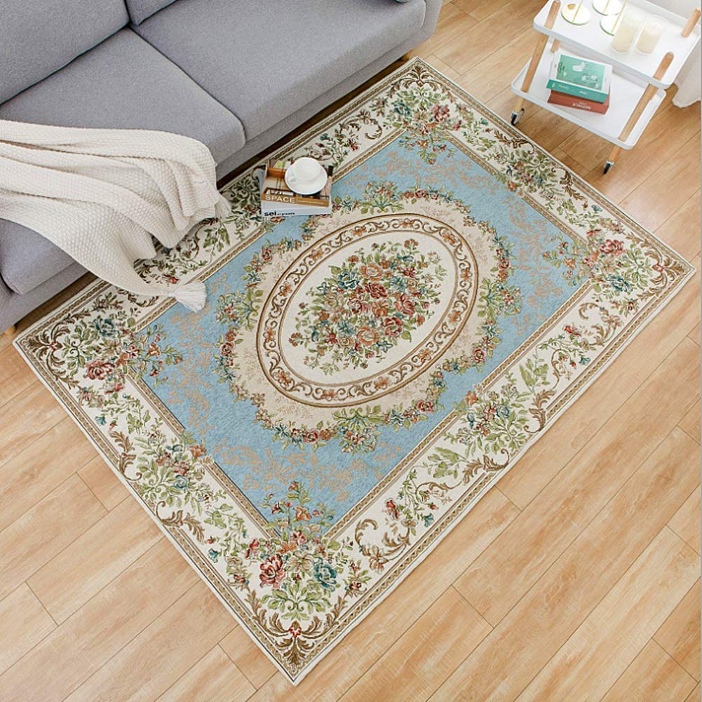 UKELER Rustic Floral Cotton Area Rugs Rural Rose Design Living Room Carpet Non-Slip Soft Floor Mat for Bedroom, 5' x 7' Country Blue