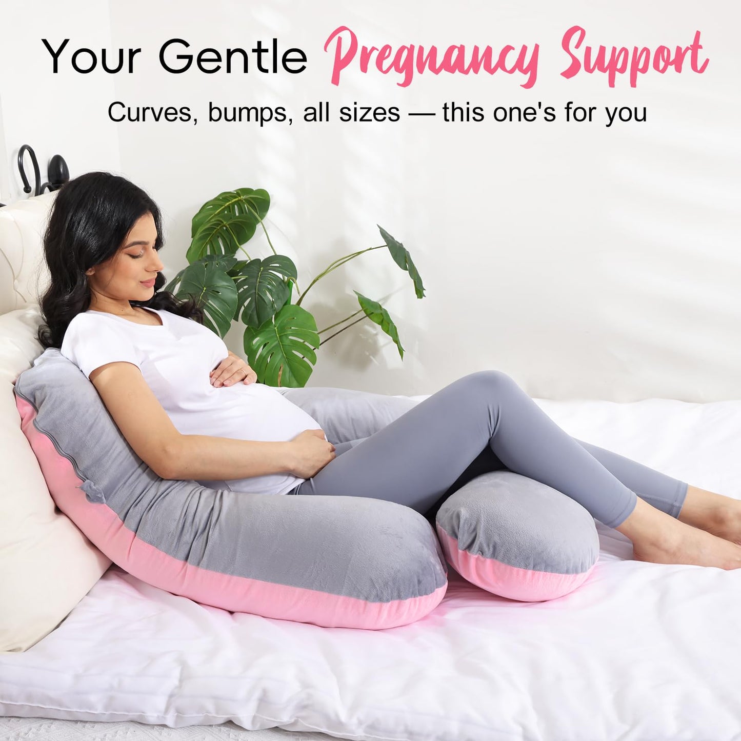 EZMOM Pregnancy Pillow for Sleeping, Soft 57“ Full Body Maternity Pillow, U Shaped with Removable Washable Cover, Support for Back, Belly, Leg, Hip, Neck & Shoulder (Pink & Grey)