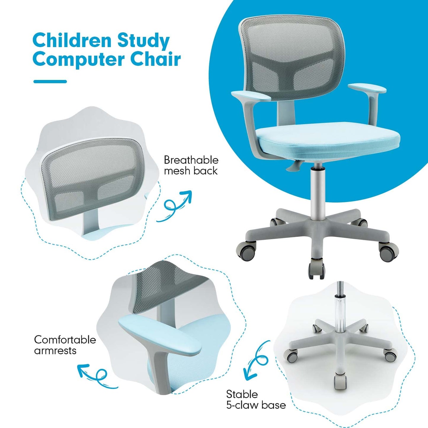 Costzon Kids Desk Chair, Adjustable Children Study Computer Chair with Arms & Wheels, Student Swivel Rolling Task Chair, Ergonomic Kids Office Chair for Boys Girls Age 4-12, Home Bedroom School, Blue