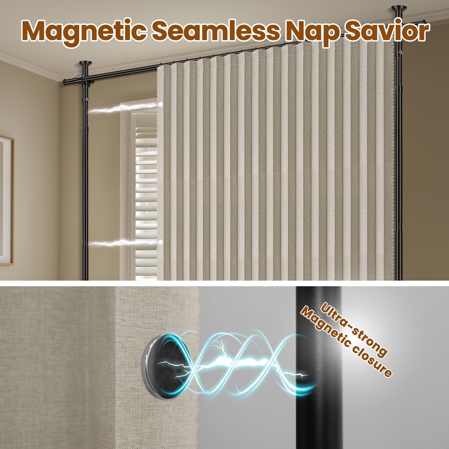 AJAZZ 100% Blackout Room Divider Curtains Sets Cream White 2 Panels W100 x L96in No Drill Curtain Rods(H) 43-120×(W) 35-200 in for Bedroom Privacy Partition Separator