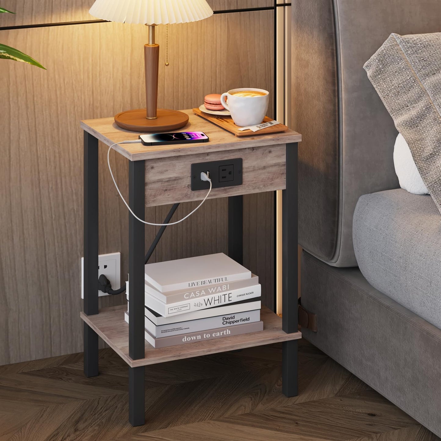 VIMBER Side Table with Charging Station, Set of 2 End Tables with USB Port and Outlets, Nightstands with 2-Tier Storage Shelves, Sofa Table for Small Space, Living Room, Bedroom, Greige