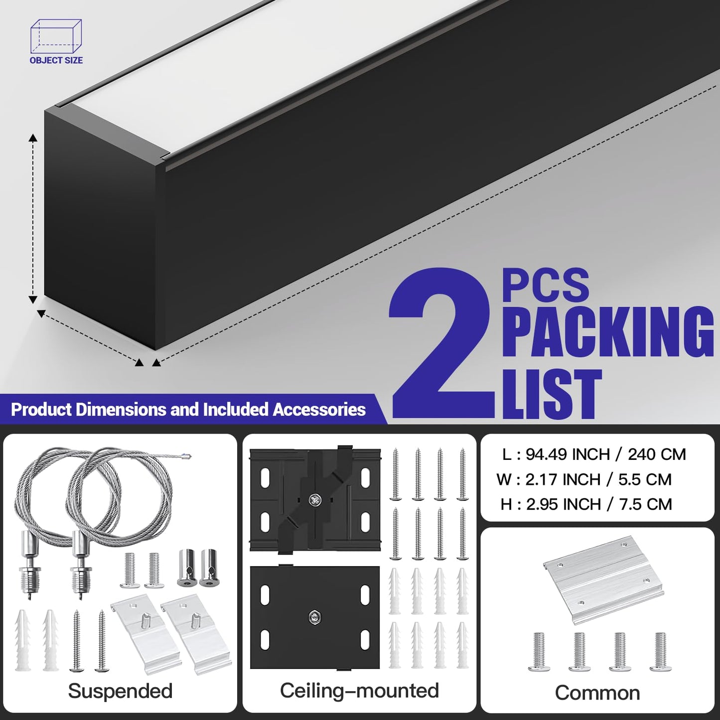 JTT 8FT LED Linear Light, 8Foot LED Shop Lights 60W 3000/4000/5000K CCT Selectable, Commercial 8Feet Strip Lighting Fixture for Office Garage Classroom, NOT Linkable, Flush Mount Suspended ETL