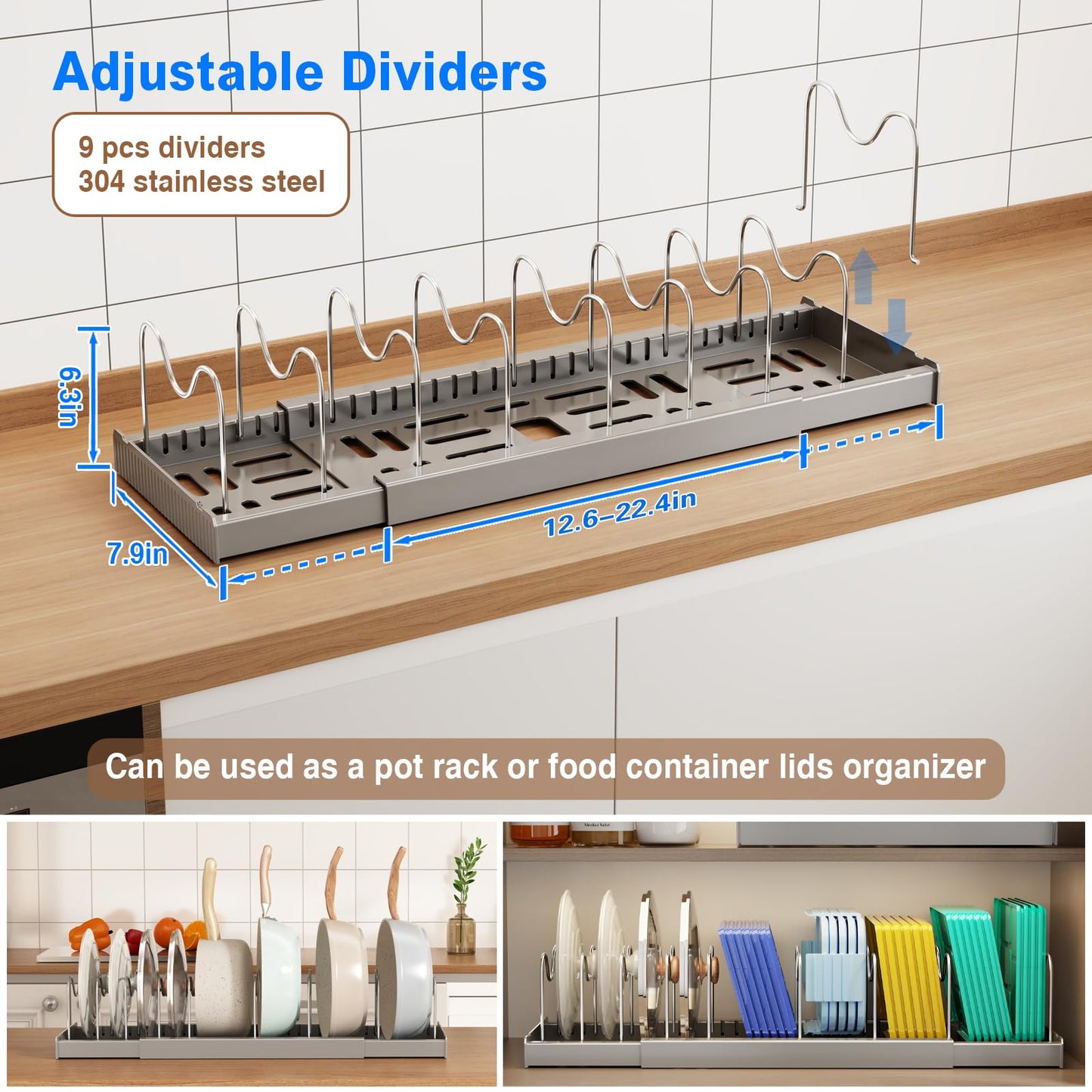 Mustorn 2 Pack Pots and Pans Organizer Under Cabinet, 22" Expandable Food Storage Container Lid Organizers with 9 Adjustable Dividers Pot and Pan Lid Holders Rack Inside Cabinet/Countertop(Gray)