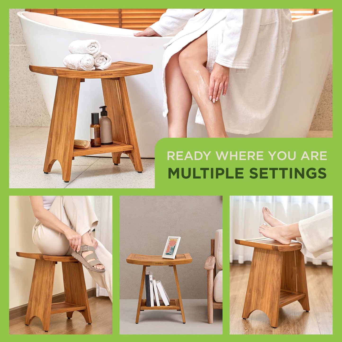 GREENTEAK Premium 18" Teak Wood Shower Bench with Shelf, 2-Tier Waterproof Teak Shower Stool, Non-Slip Feet for Enhanced Safety, Spa Bath Seat for Bathroom, Indoor & Outdoor, 300 lb Capacity (Curved)