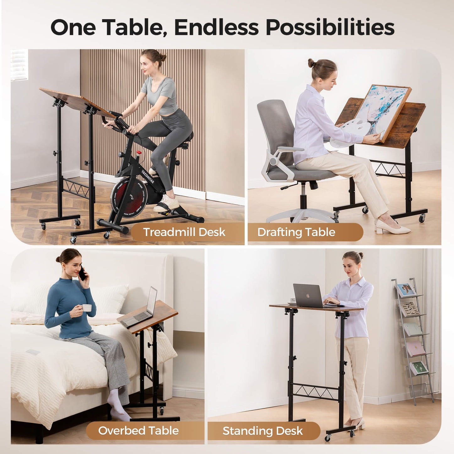 COMHOMA Standing Desk Adjustable Height & Tiltable Tabletop, Portable Stand Up Desk for Laptop, Mobile Folding Desk for Home Office Work and Walking Pad Treadmill, Height 30.7"-46.4", Brown