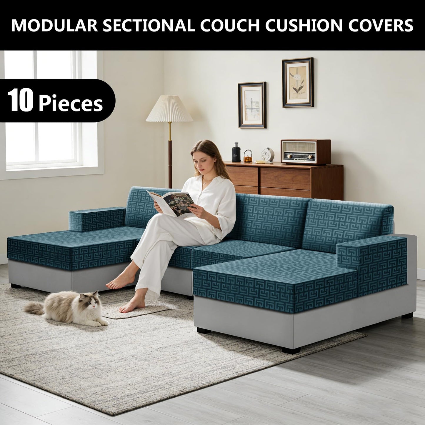 UNBBRRL 10 Pieces Stretch Sofa Cushion Covers for U-Shaped Modular Sectional Couch with 4 Seats+4 Backs+2 Arms, Upholstered Covers for Sofa Bed with Deep Double Chaise (Blue,10 Pieces Set)
