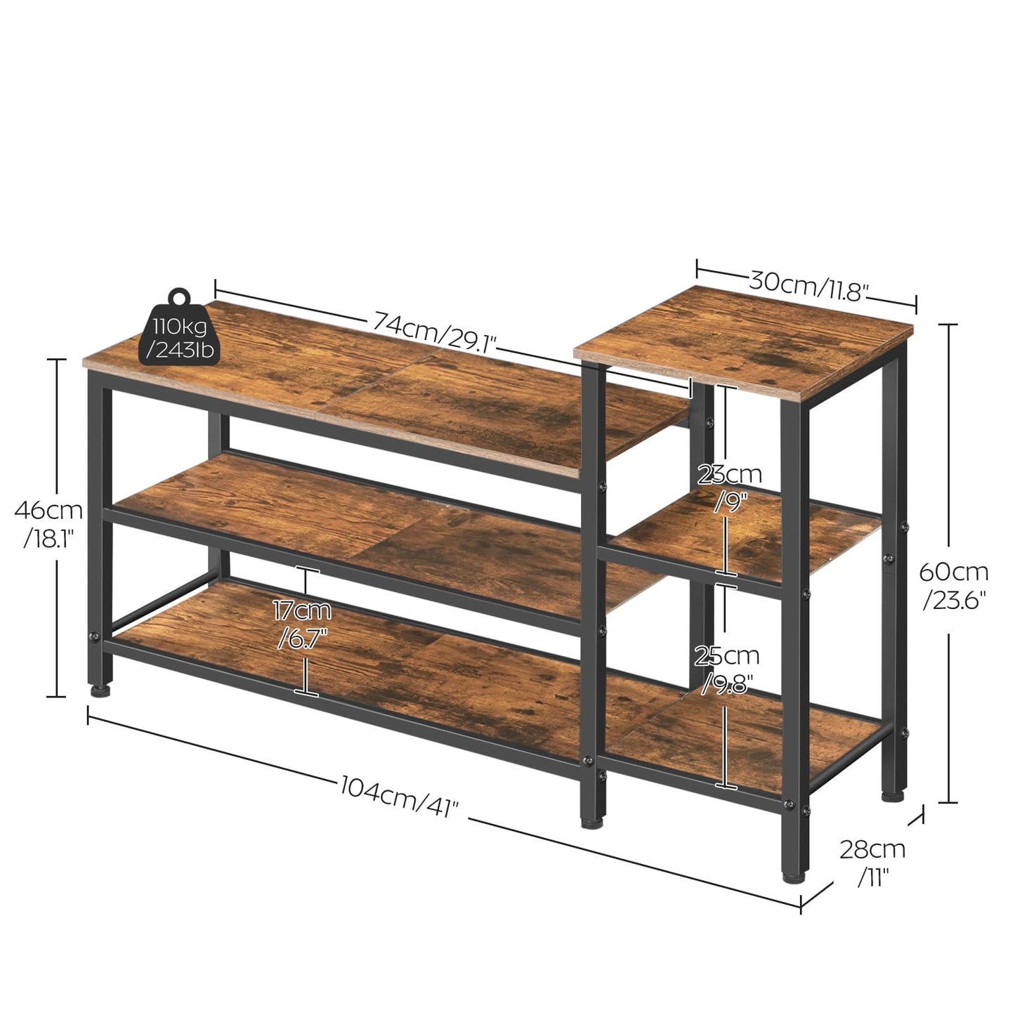 YATINEY 3-Tier Shoe Rack Bench, Wooden Shoe Storage Bench, Industrial Entryway Bench with Storage, Multi-Functional Shoe Rack with Seat for Bedroom, Hallway, Living Room, Rustic Brown and Black HX05BR