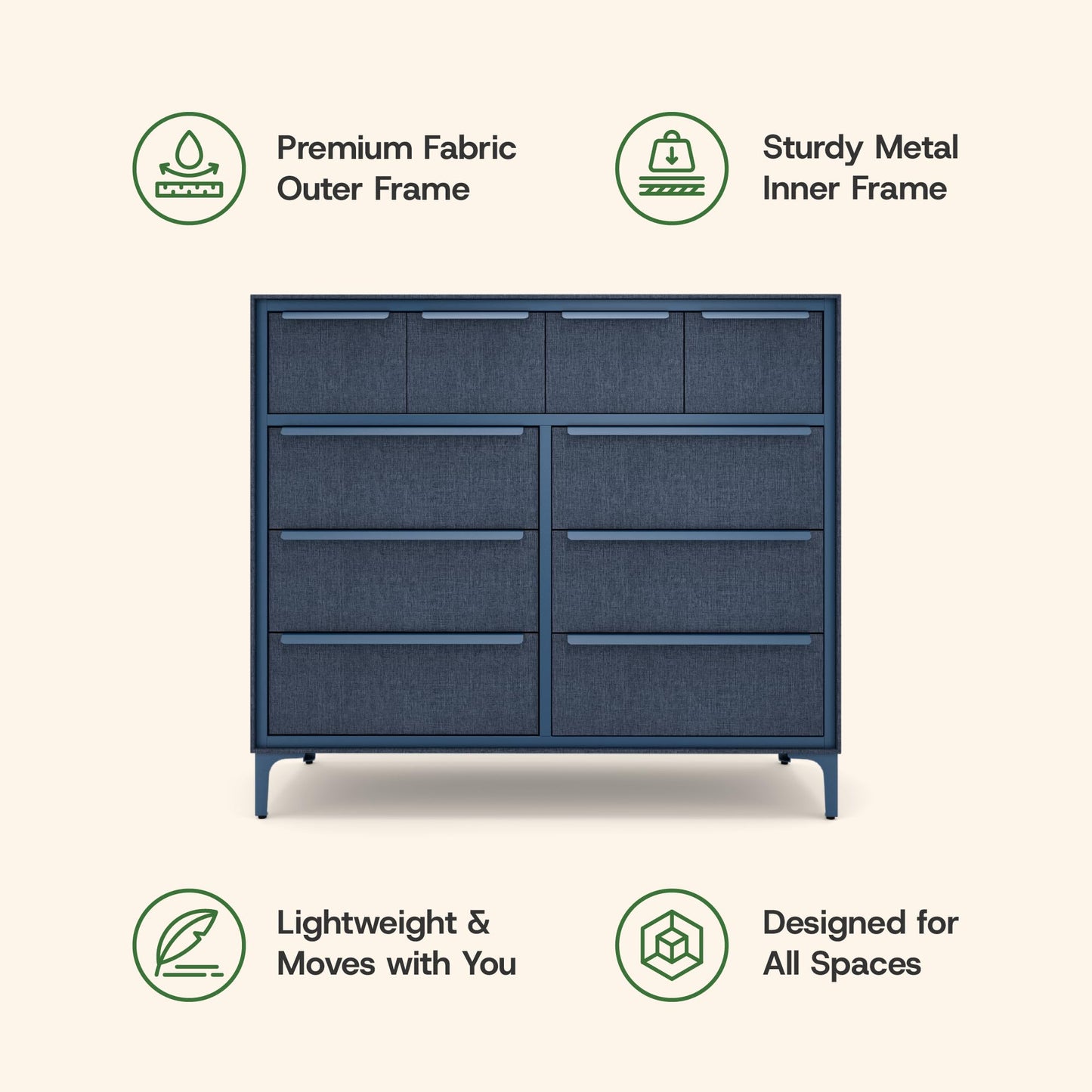 tinge Naima Premium Fabric Dresser - Strong Metal Frame, 10 Spacious Sag-Proof Drawers with Sleek Metal Handles - Premium & Durable Storage Solution for Your Home (Navy)