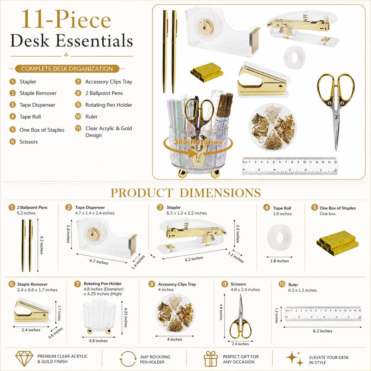 Office Desk Accessories Supplies - 11 Pcs Gold Desk Decor Set with 360-Degree Rotating Pen Holder, Women Cute Aesthetic Office Essentials Kit, Stapler Tape Dispenser, Acrylic Gift for School Home Work